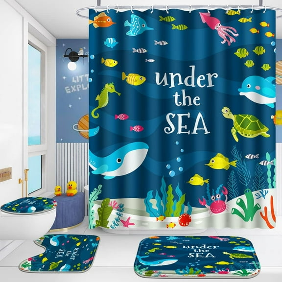 4 Pcs Bathroom Shower Curtain Set,Kid's Bathroom Set,Shower Curtain Sets with Rugs(Bath Mat,U Shape and Toilet Lid Cover Mat) and 12 Hooks,Spaceship
