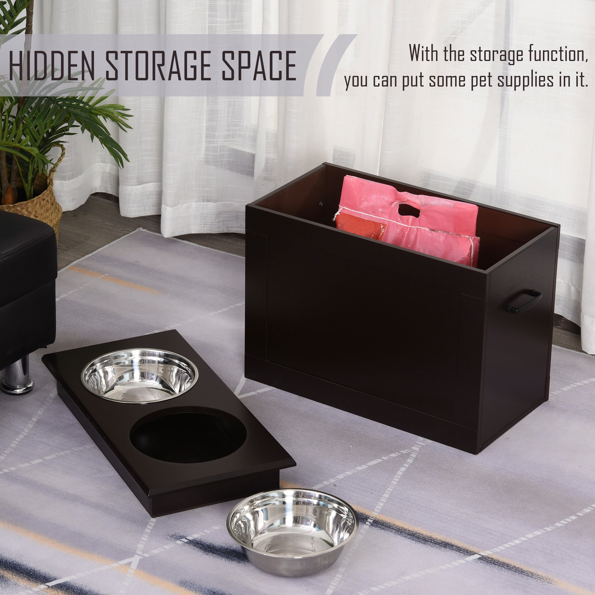 Pawhut Raised Pet Feeding Storage Station with 2 Stainless Steel Bowls Base for Large Dogs and Other Large Pets, Dark Brown