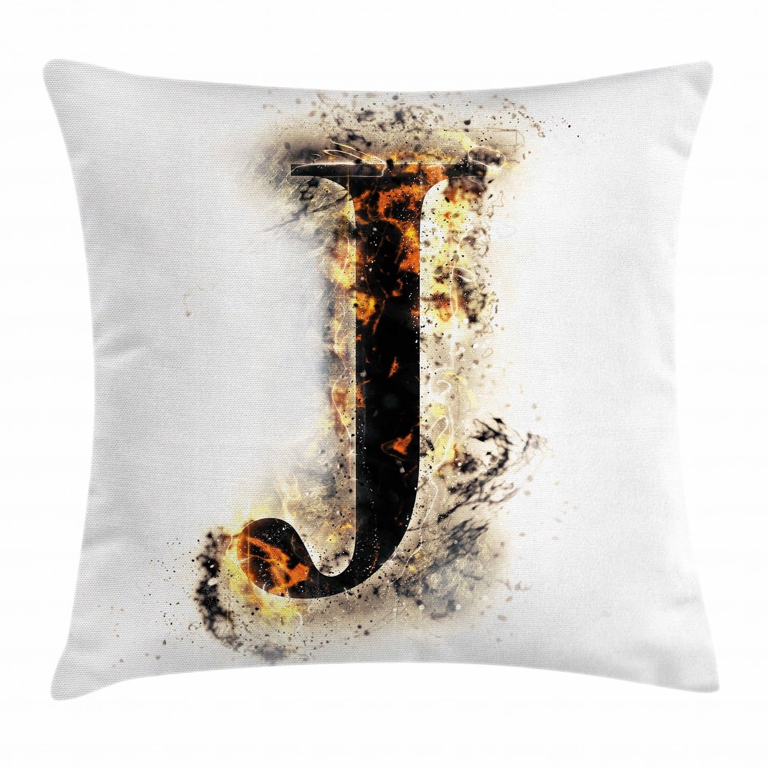 Letter J Throw Pillow Cushion Cover, Majuscule J Burning Effects Retro