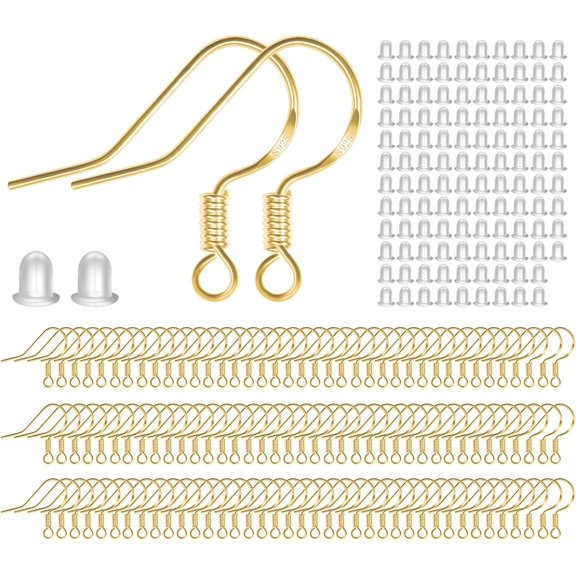 925 Sterling Gold Earring Hooks 120 PCS/60 Pairs Hypoallergenic Ear Wires Fish Hooks for Jewelry Making, Jewelry Findings Parts with 120 PCS Rubber Earring Backs Stopper for DIY Earrings