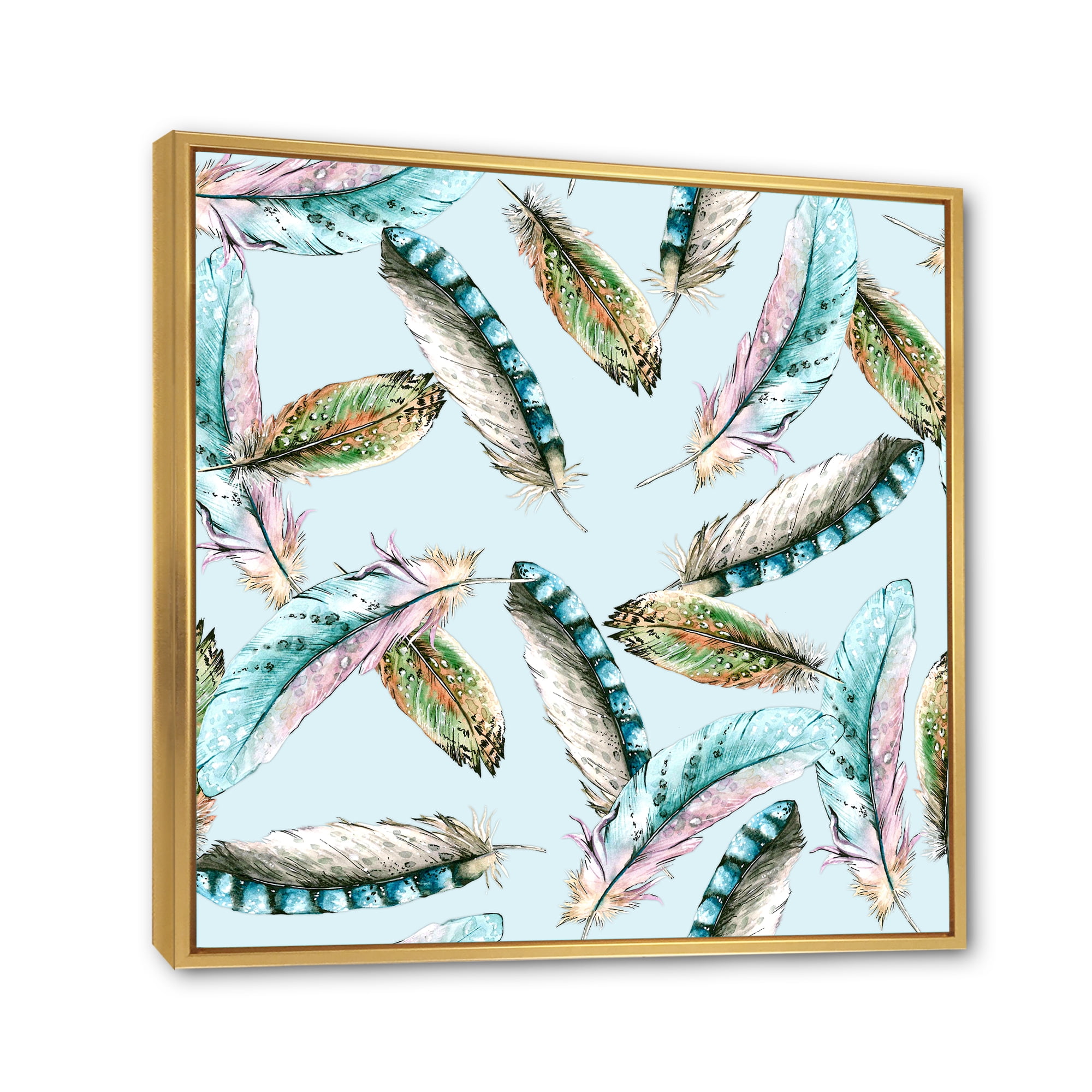 Designart 'Green Bird Feathers On Blue Background' Bohemian & Eclectic Framed Canvas Wall Art Print