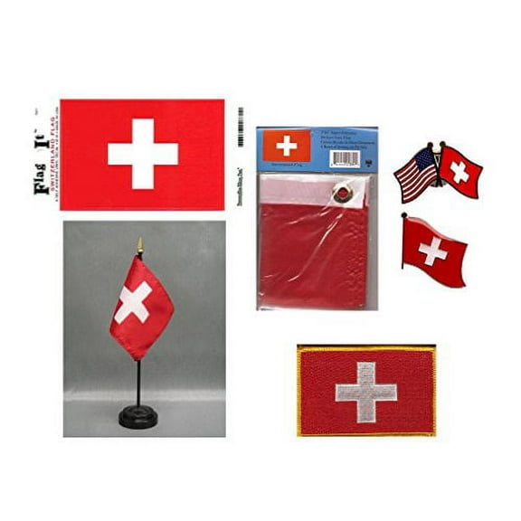 Switzerland Heritage Flag Pack - Includes a Swiss 3x5' Flag, Vinyl Flag Decal, One Single & One Double Friendship Flag Lapel Pin, Miniature Desk Flag with Stand & One Iron-On Flag Patch