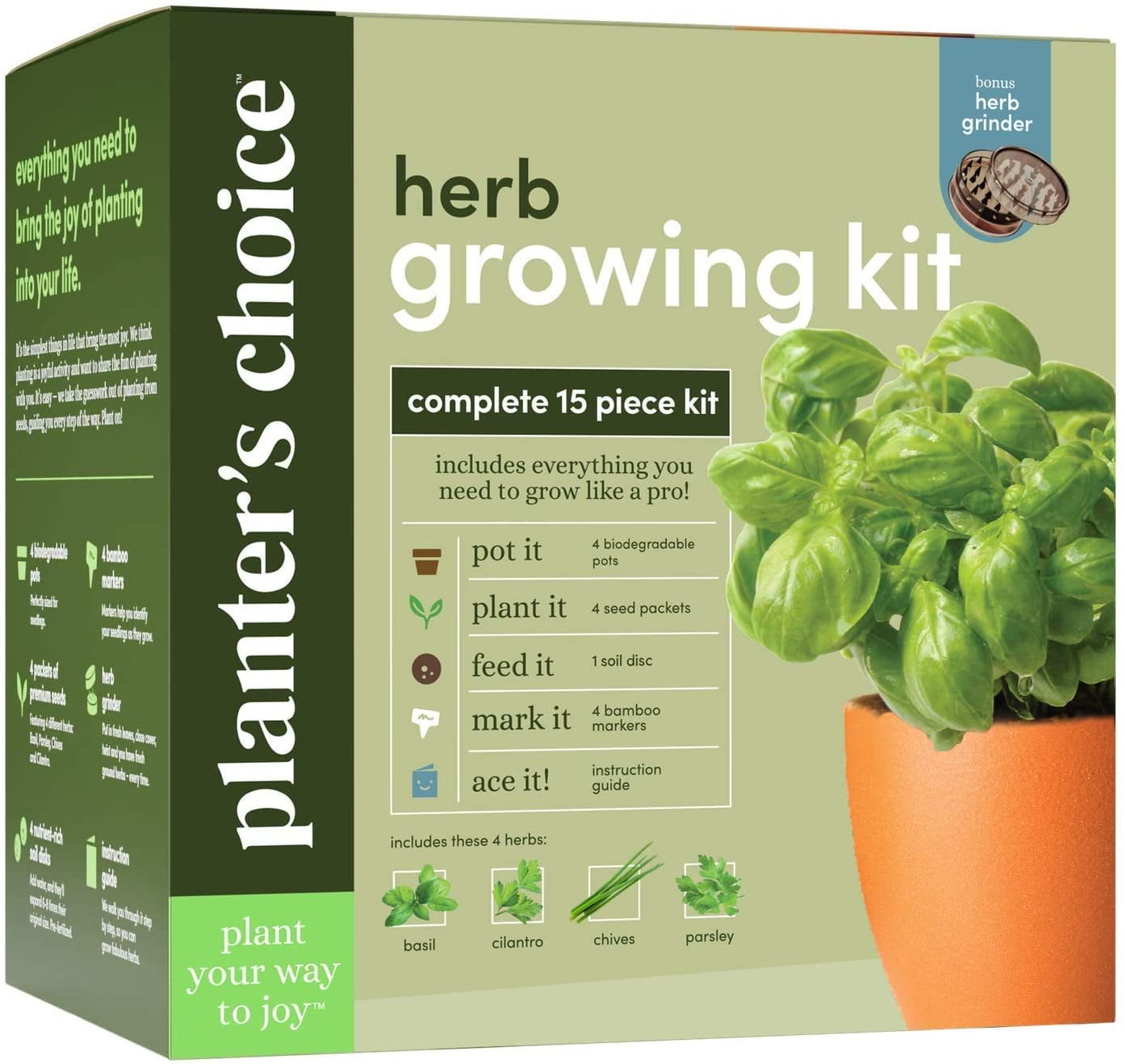 Herb Garden Growing Kit + Herb Grinder - Complete Kitchen Gardening Kit to Easily Grow 4 Culinary Herbs from Seed (Basil, Cilantro, Chives, Parsley) + Comprehensive Guide - Unique Gift for Women & Men