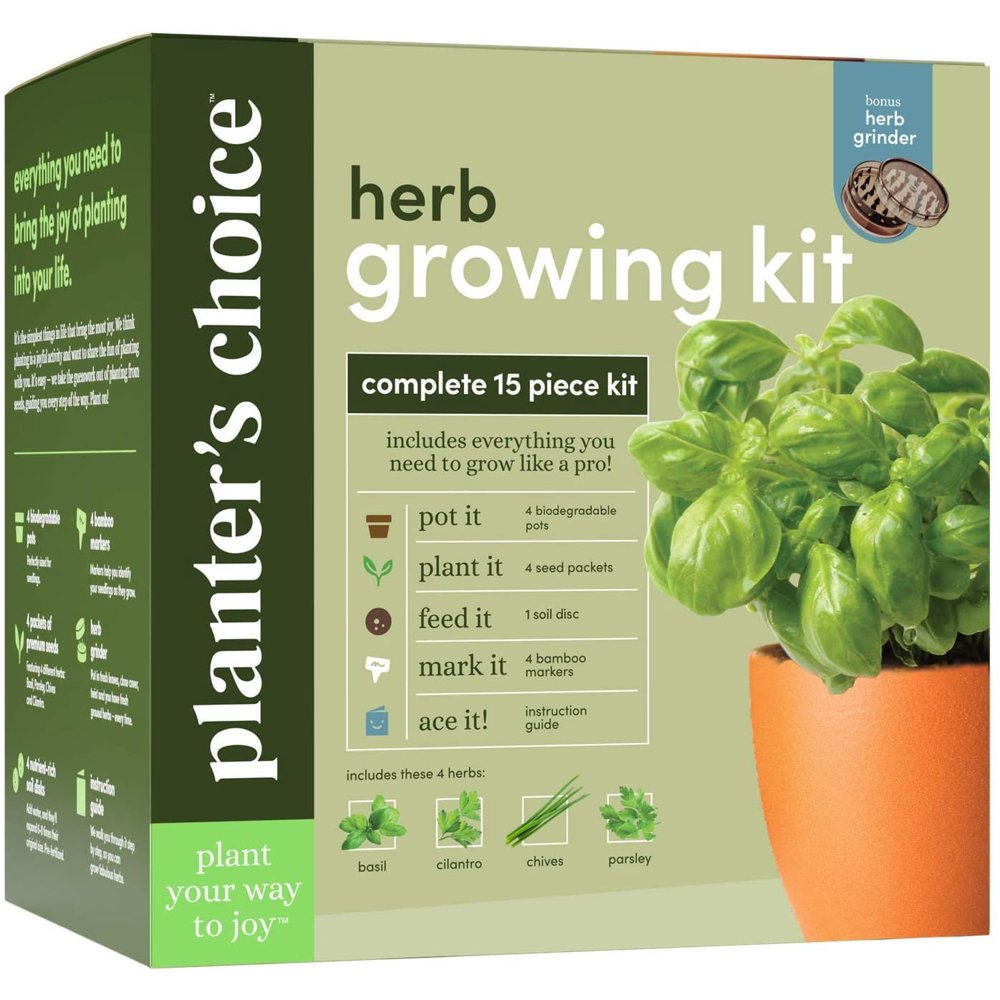 Herb Garden Growing Kit + Herb Grinder Complete Kitchen Gardening Kit