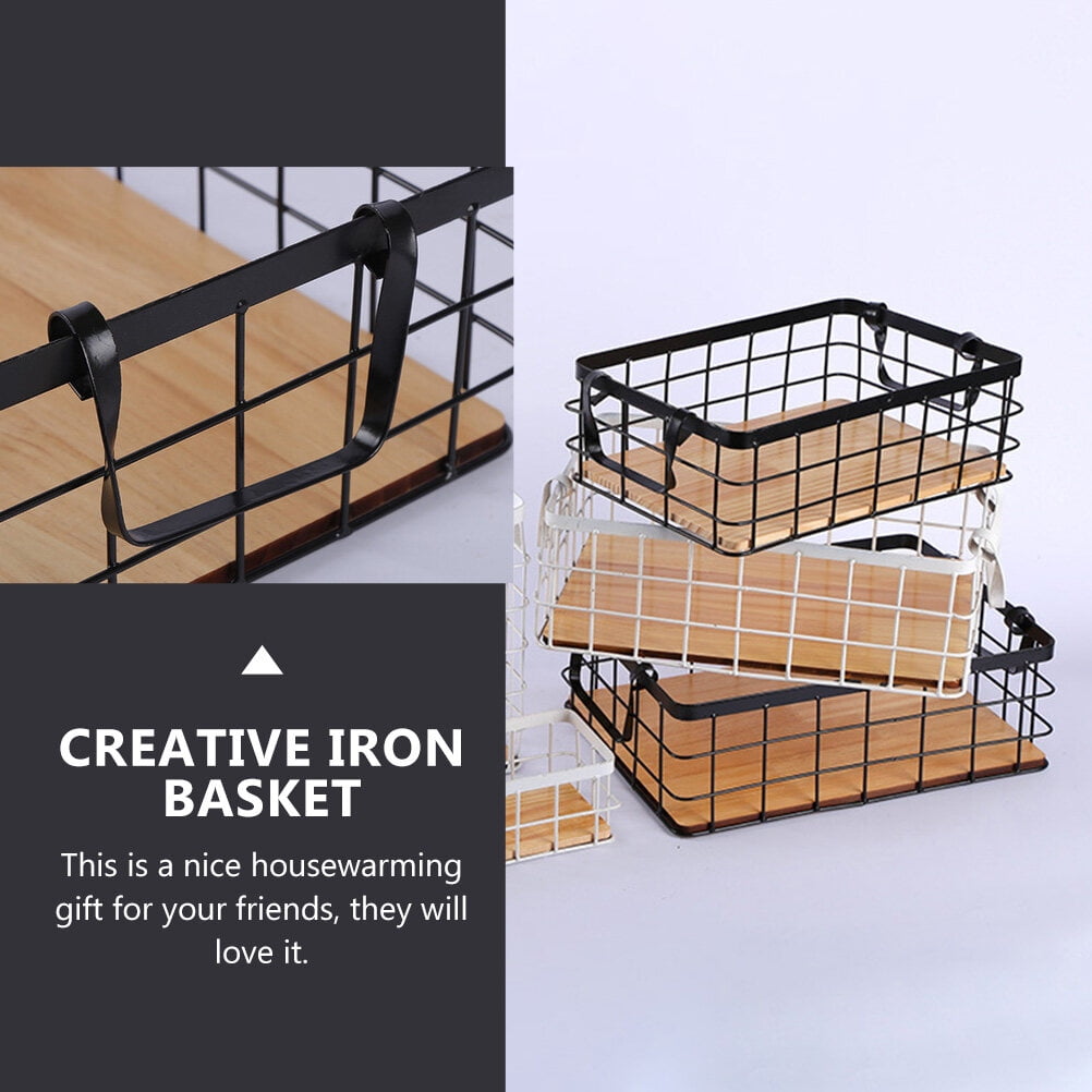 Tineasur 1Pcs Simple Design Storage Basket for Kitchen Black Rectangular Organizing Iron