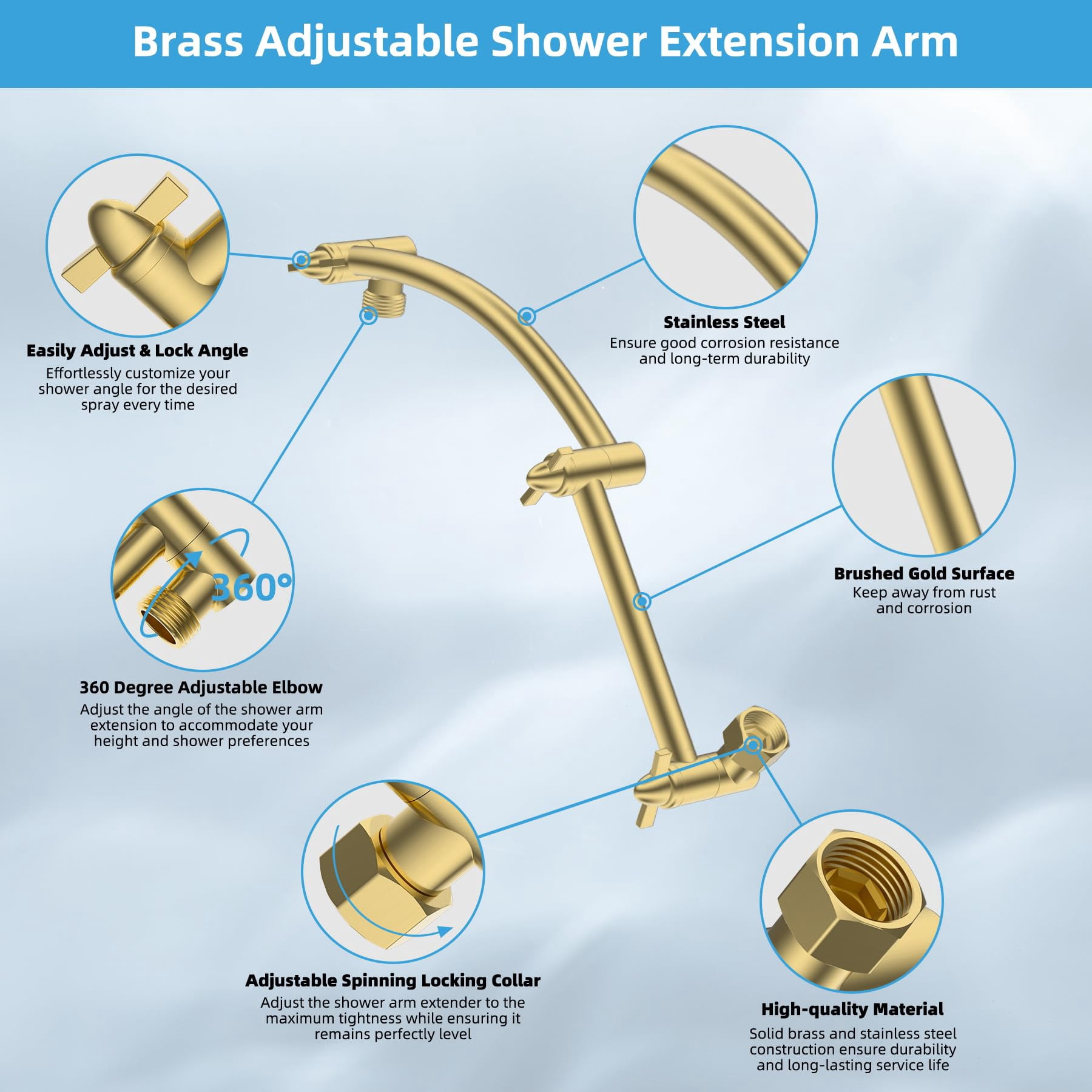 All Metal Cupc Certified Rain Shower Head  10'' High Rainfall Showerhead With 16" Extension Arm Brass Adjustable Extender Fixed Showerheads Brushed
