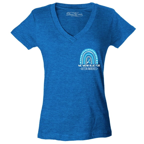 Shop4Ever Women's We Wear Blue for Autism Rainbow Pocket Size Slim Fit V-Neck T-Shirt Large Heather Royal Blue
