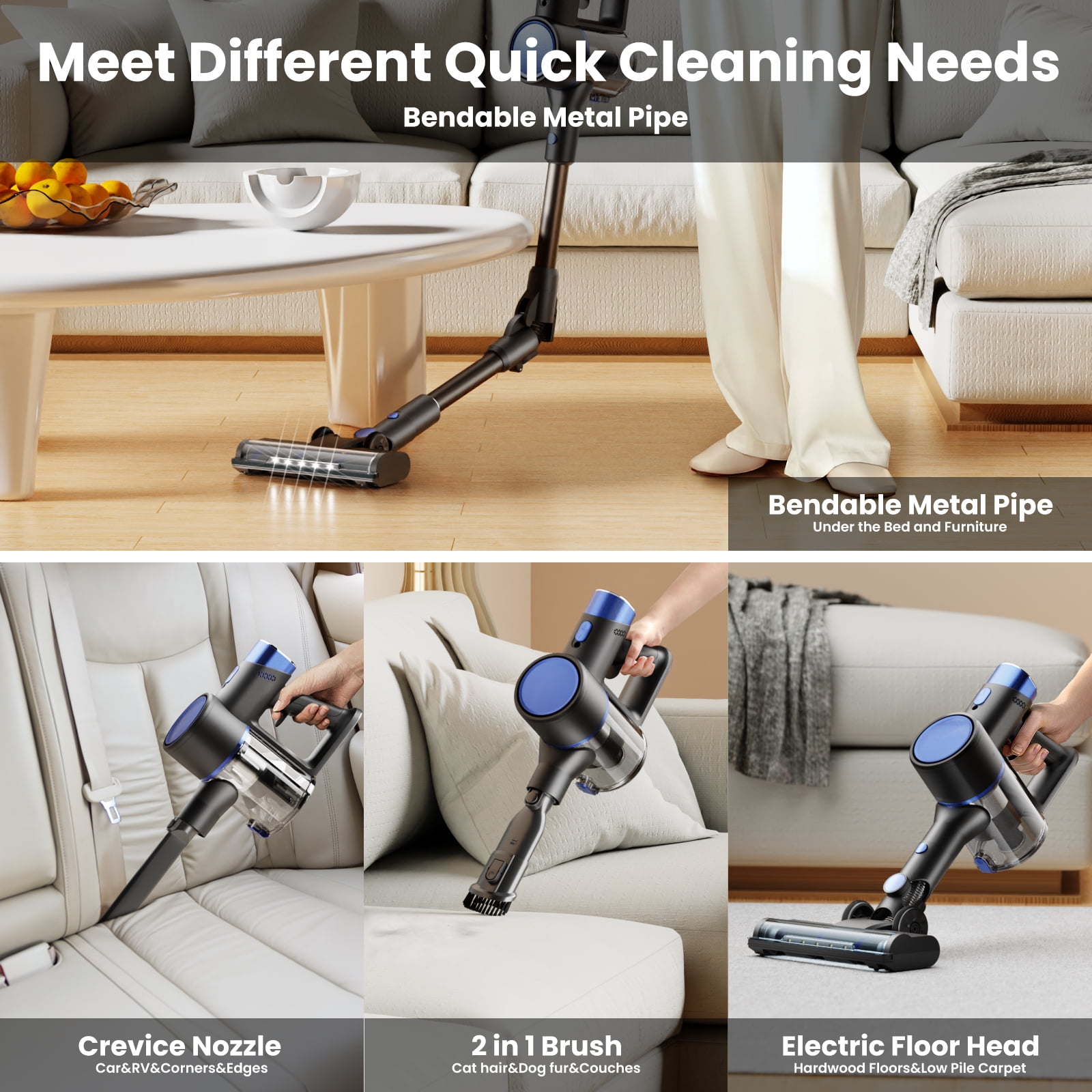 KISSAIR Cordless Vacuum Cleaners for Home 50min 2200mah Lightweight 5.5lb Led Display Screen Stick Vacuum Cleaners Hardwood Floor Carpet Pet Hair, Blue