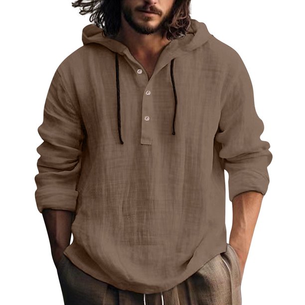 Autumn And Winter Men's Solid Long Sleeve Cotton Hemp Sweater Casual Hooded Sweater M