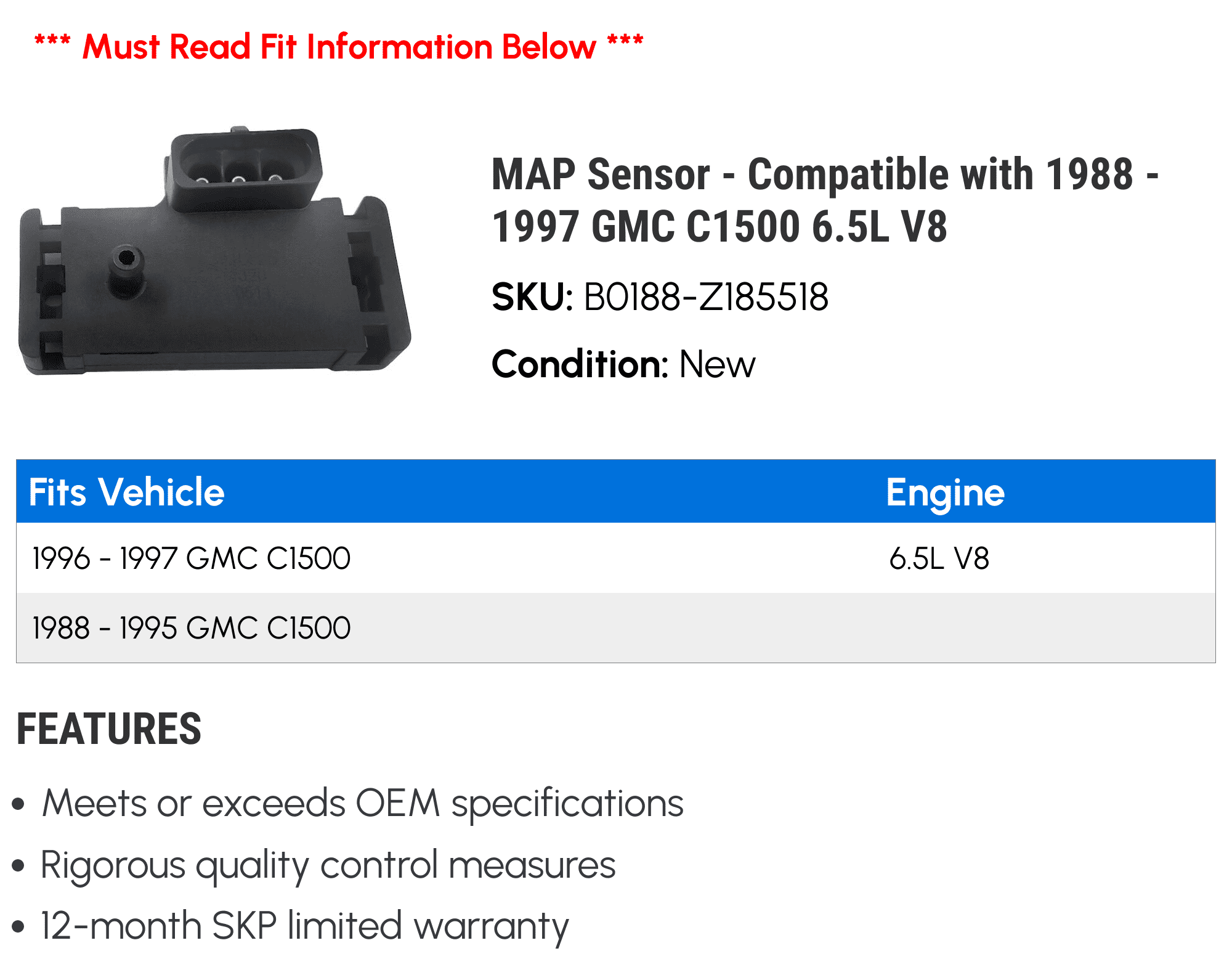 MAP Sensor - Compatible with 1988 - 1997 GMC C1500 6.5L V8 1989 1990 1991 1992 1993 1994 1995 1996