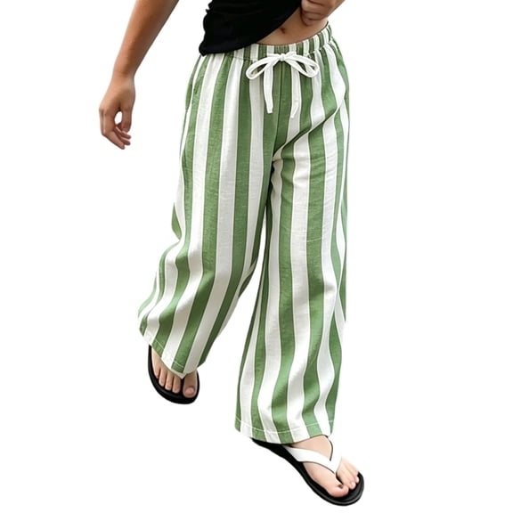 Tfken Toddler Girls Soft Pants Elastic Waist Stretchy Trousers Linen Loose Flare-Leg Pants Stripe Fashion Lightweight Casual Daily Wear Clothes Size 18-24 Months Green