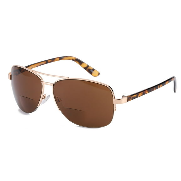 Men Half Rimless Bifocal Reading Glasses 1.00 Classic Gold Tortoiseshell Metal Readers Tinted Brown Sunglasses 1.00 Strength