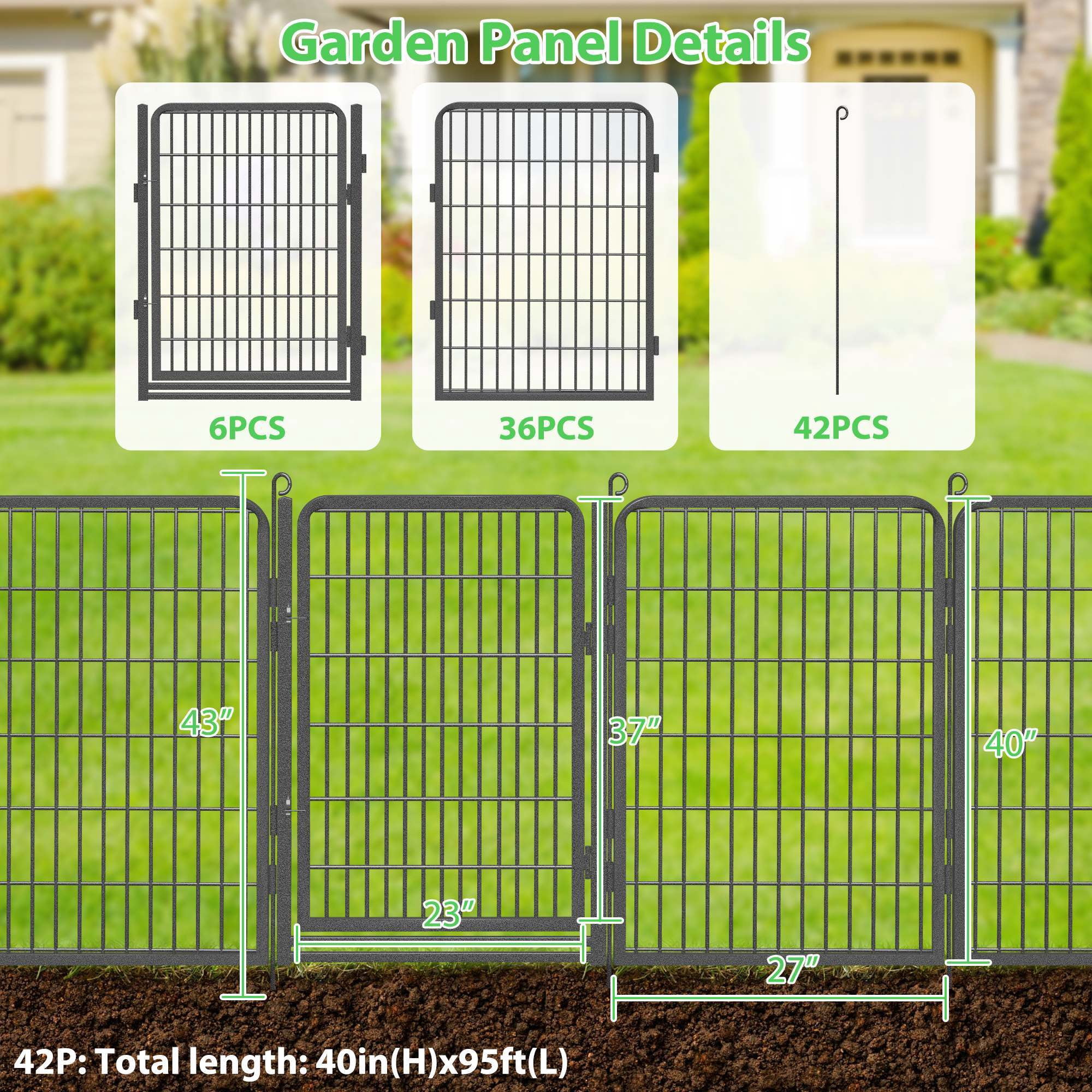 SQIREP Metal Garden Fence 94.5ft(L)x40in(H) No Dig Fence Decorative Garden Fencing with Gate Animal Barrier Fences for Backyard Patio Garden Flower Beds