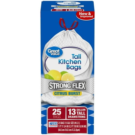 - (Pack of 2) Great Value Strong Flex Tall Kitchen Drawstring Trash Bags, Citrus Burst, 13 Gallon, 25 Count
