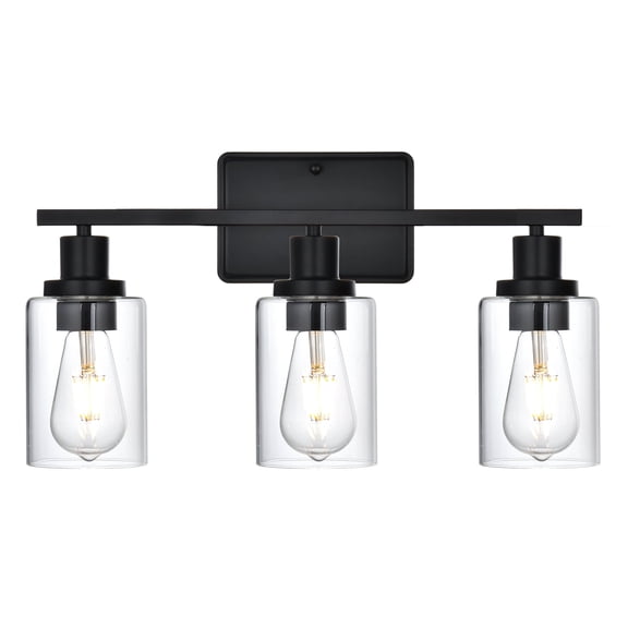 Melucee Vanity Lights Black 3 light Bathroom Lighting with clear glass Square Plate Wall Mount Light