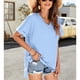 thumbnail image 3 of Blusa de manga corta para mujer para oficina, citas, cumpleaños, uso diario - Azul, talla S Camiseta de verano con escote en V dividido, 3 of 8