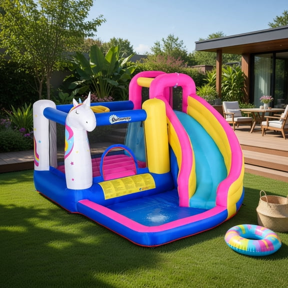 Topcobee Unicorn-Themed Inflatable Water Slide, Bounce House with Trampoline, Climbing Wall, Basketball Hoop, Splash Pool, 450W Blower for Kids Ages 3-8, Outdoor Bounce House for Backyard