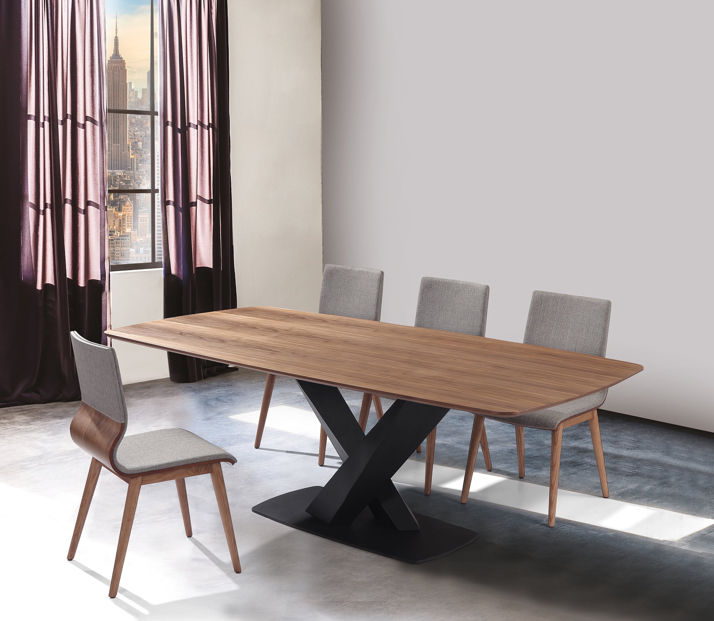 Armen Living Robin Mid-Century Dining Chair in Walnut Finish and Gray Fabric (Set of 2)