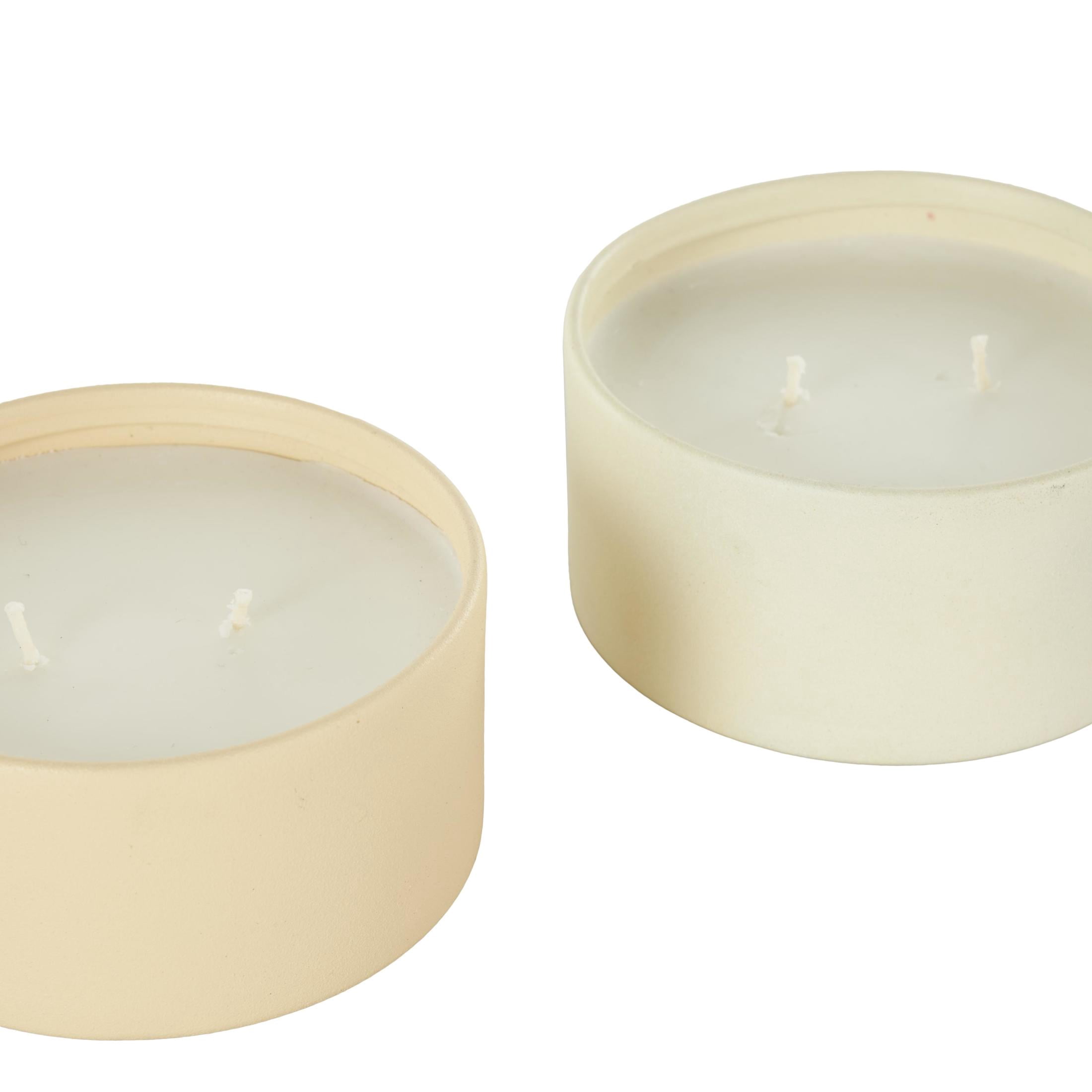 DecMode 2 Holder Multi Colored Metal Fresh Cotton / White Tea & Ginger Scented Textured 9oz 2 Wick Candle with White Wax, (Set of 2)
