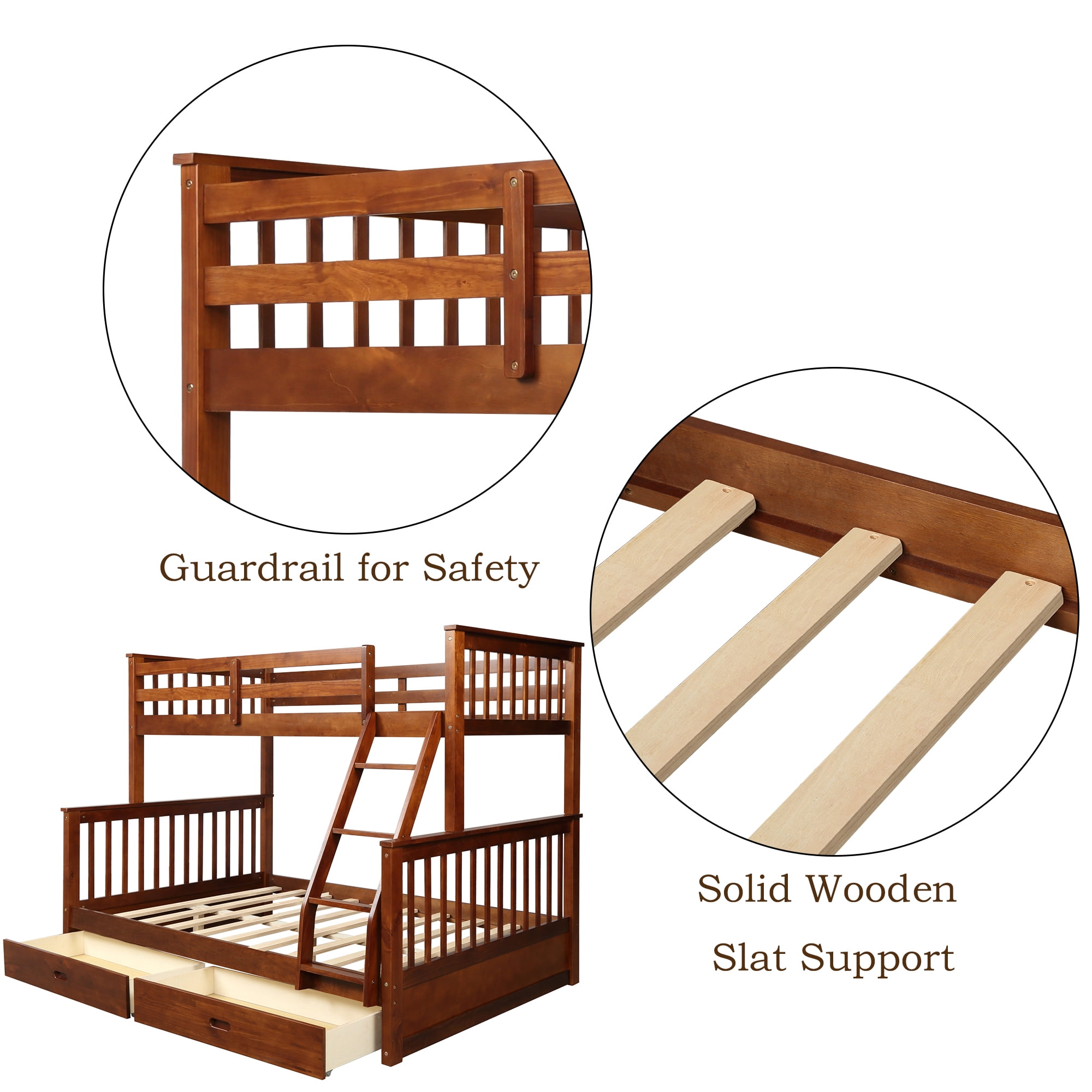 Kepooman Twin-Over-Full Wood Bunk Bed with 2 Storage Drawers & Ladder for Dorm, 79.53"L x 58.27"W x 66.54"H, Walnut Kepooman Twin-Over-Full Wood Bunk Bed with 2 Storage Drawers & Ladder for Dorm, 79.53"L x 58.27"W x 66.54"H, Walnut