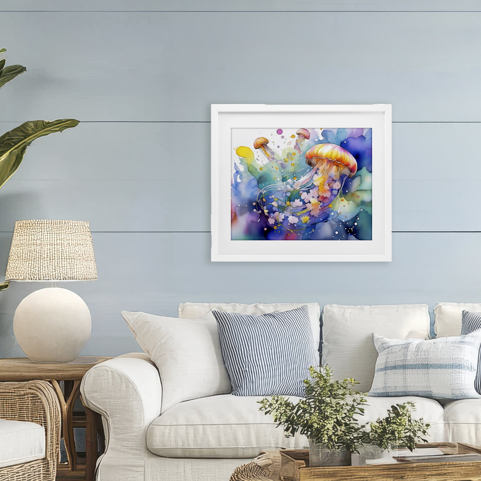 Stupell Industries Neon Jellyfish Underwater White Framed Print Under Glass, design by Shelly Craig