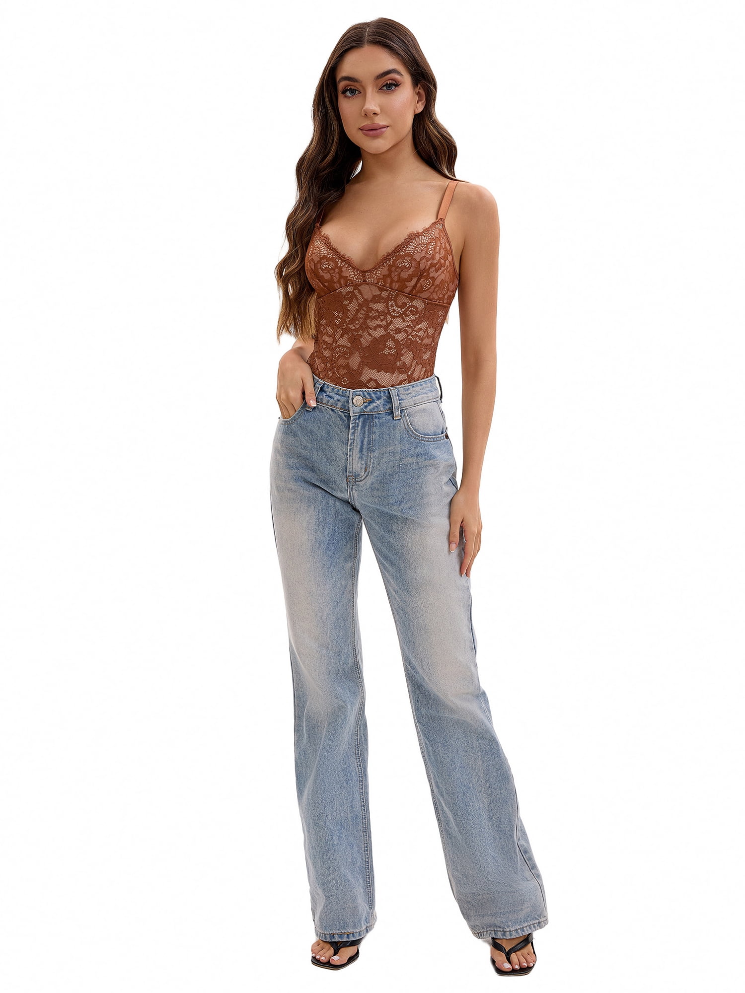 DARING DIVA V-Neck Sleeveless Floral Lace Bodysuit 2XL Coffee