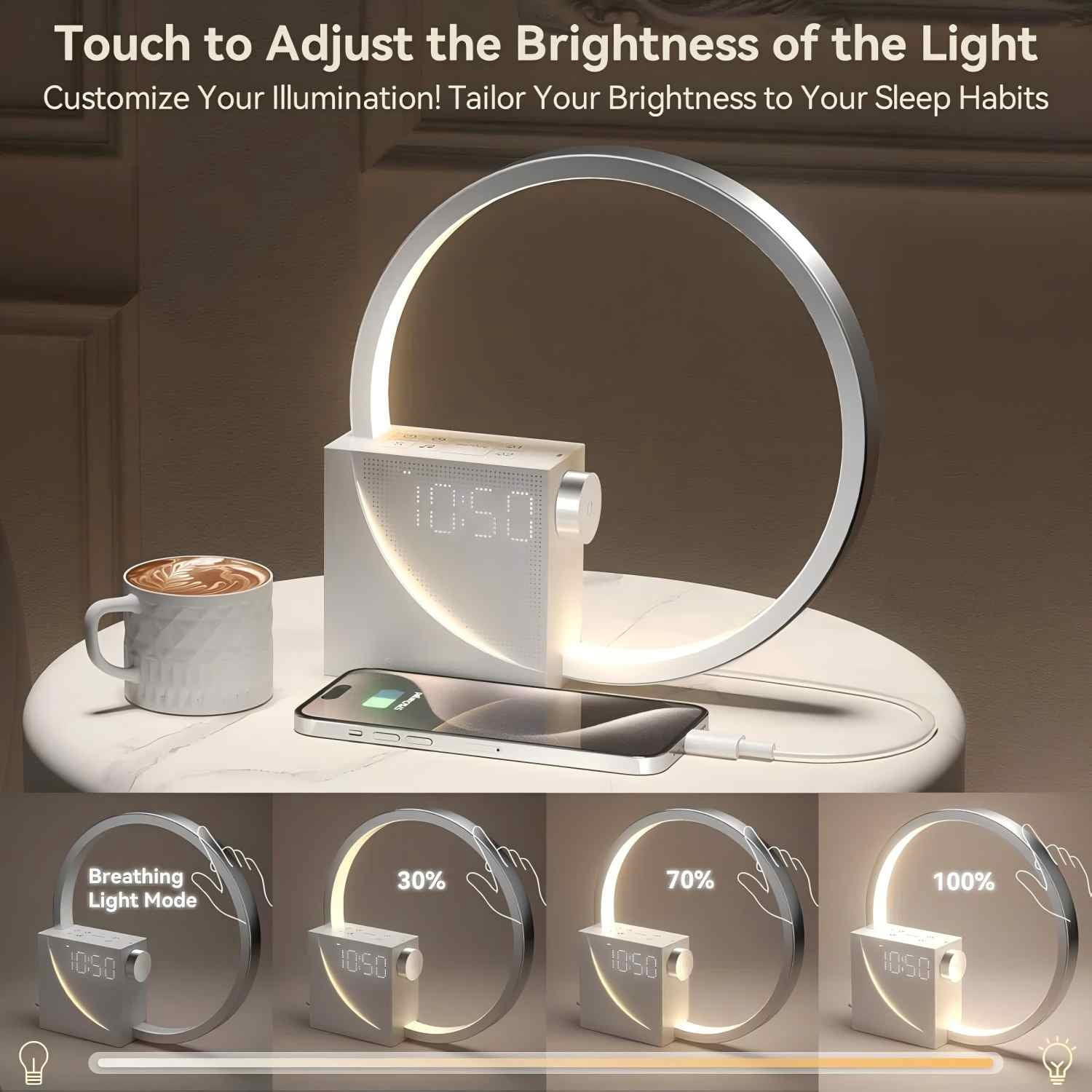 Sunrise Alarm Clock with Gradual Wake-up Light, 10 White Noise Sounds, Touch Dimmable Nightlight & Dual Alarms with Snooze for Heavy Sleepers, Silver