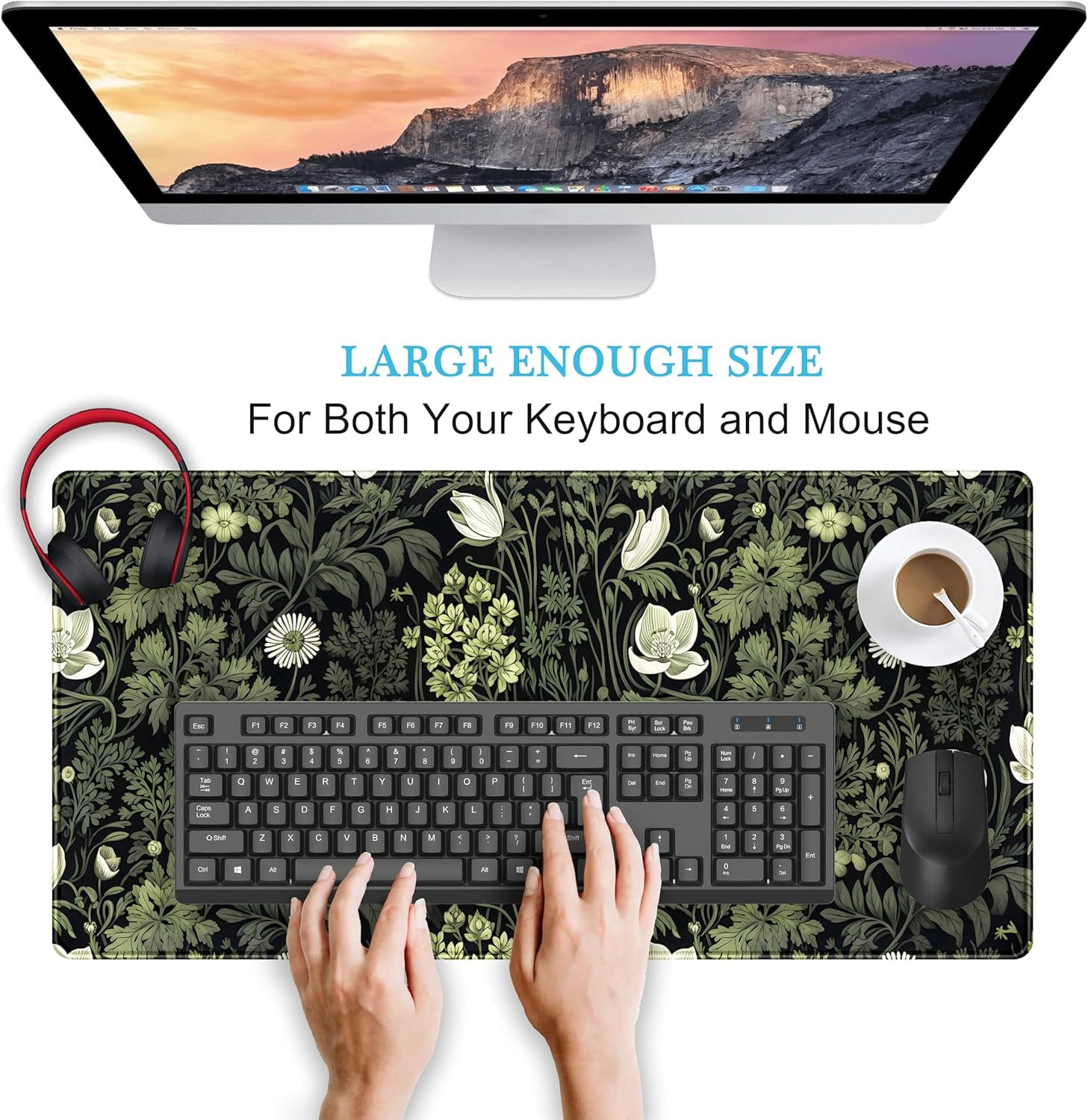 Dark Green Floral Plants XXL Gaming Mousepad & Desk Pad - Nature Leaf Flower Laptop Keyboard Mat 31.5 x 15.75
