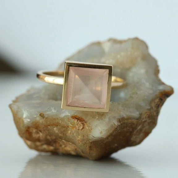 Princess Cut Rose quartz Solitaire Ring, 925 Sterling Silver Engagement Ring, Minimalist Ring, Handmade Fine Jewelry. Bezel Setting.