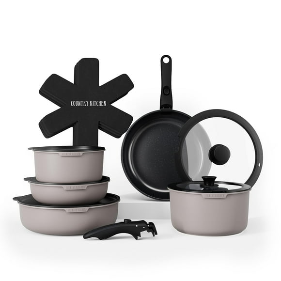 Juego de utensilios de cocina Country Kitchen con mango extraíble, juego de ollas y sartenes aptos para horno y vehículos recreativos, gris/negro, original