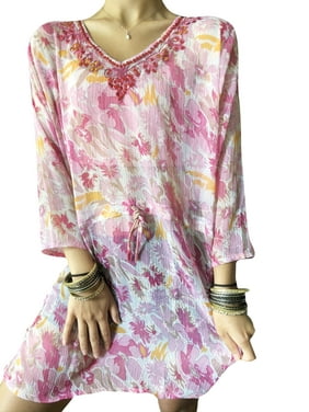 Mogul Women Kaftan Dress, Soft Chiffon Floral Cover Up Sheer Beach Caftan, Beaded Summer Resort Kaftan S/M/L