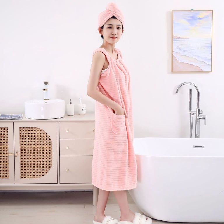 ladies bathroom dress SWSMCLT Women's Crewneck Bath Dress Mid Calf Fleece Absorbent After Shower Dress Fall Bath Robe Cute Home Loose Pink X-Small-Large