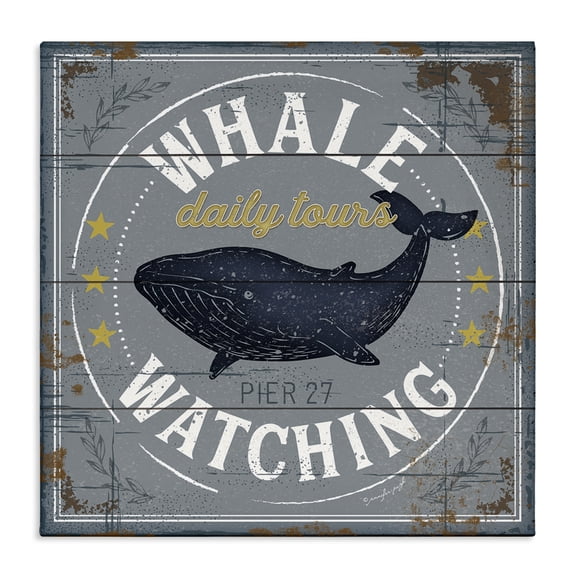 Stupell Industries Coastal Whale Watching Tours Sign Rustic Blue Marine Life Canvas Art, 17 x 17, by Jennifer Pugh