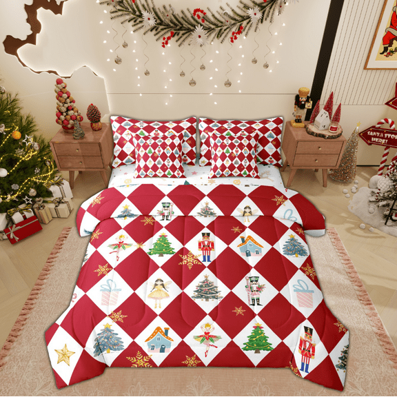 Manfei Christmas Nutcracker Twin Bedding Sets 7-Piece for Kid, Dreamy Princess Fairy Bedding Comforter Set, Retro Red Plaid Reversible Sheet Sets, Luxury Bedroom Decor