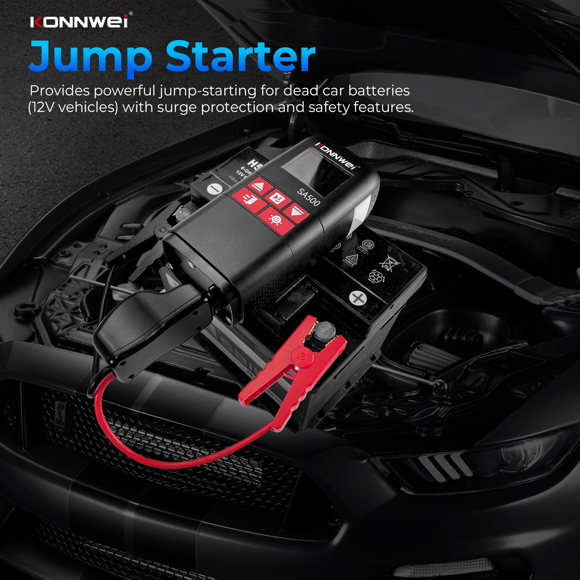 KONNWEI SA500 Jump Starter with Air Compressor, 2000A 10400mAh, 150PSI Tire Inflator, Power Bank LED Light 12V Booster
