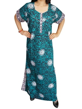 Mogul Womens Batik Print Cotton Nightwear Short Sleeves Summer Style Holiday Beach Cover Up Maxi Dress