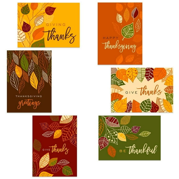Modern Thanksgiving Cards / 24 Grateful Greeting Cards With Envelopes / 4 5/8" x 6 1/4" Fall Cards / 6 Festive Holiday Autumn Leaves Designs