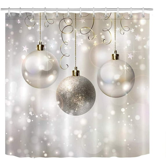 JOOCAR Christmas Shower Curtain Set Silver Xmas Balls Winter Bathroom Curtain with Hooks 72x72 inch Waterproof Polyester Bathtub Curtain
