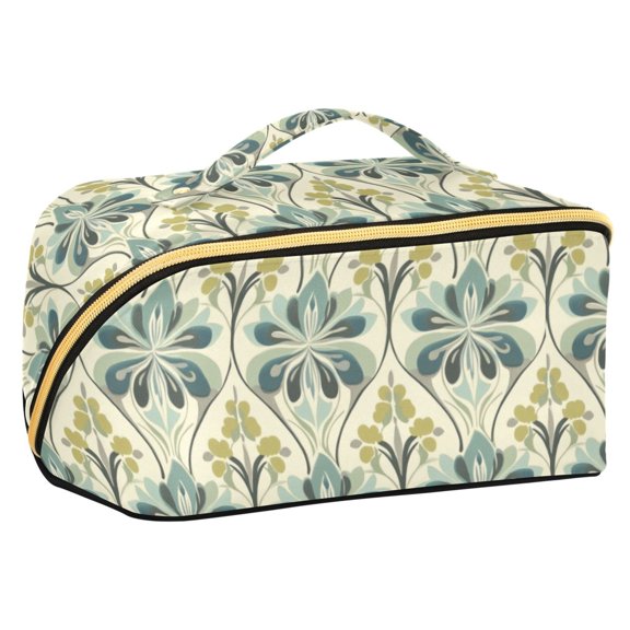 FORMRS Makeup Bag Travel Cosmetic Organizer for Women Fold Flat Zipper Pouch with Handle, Beige Floral Pattern