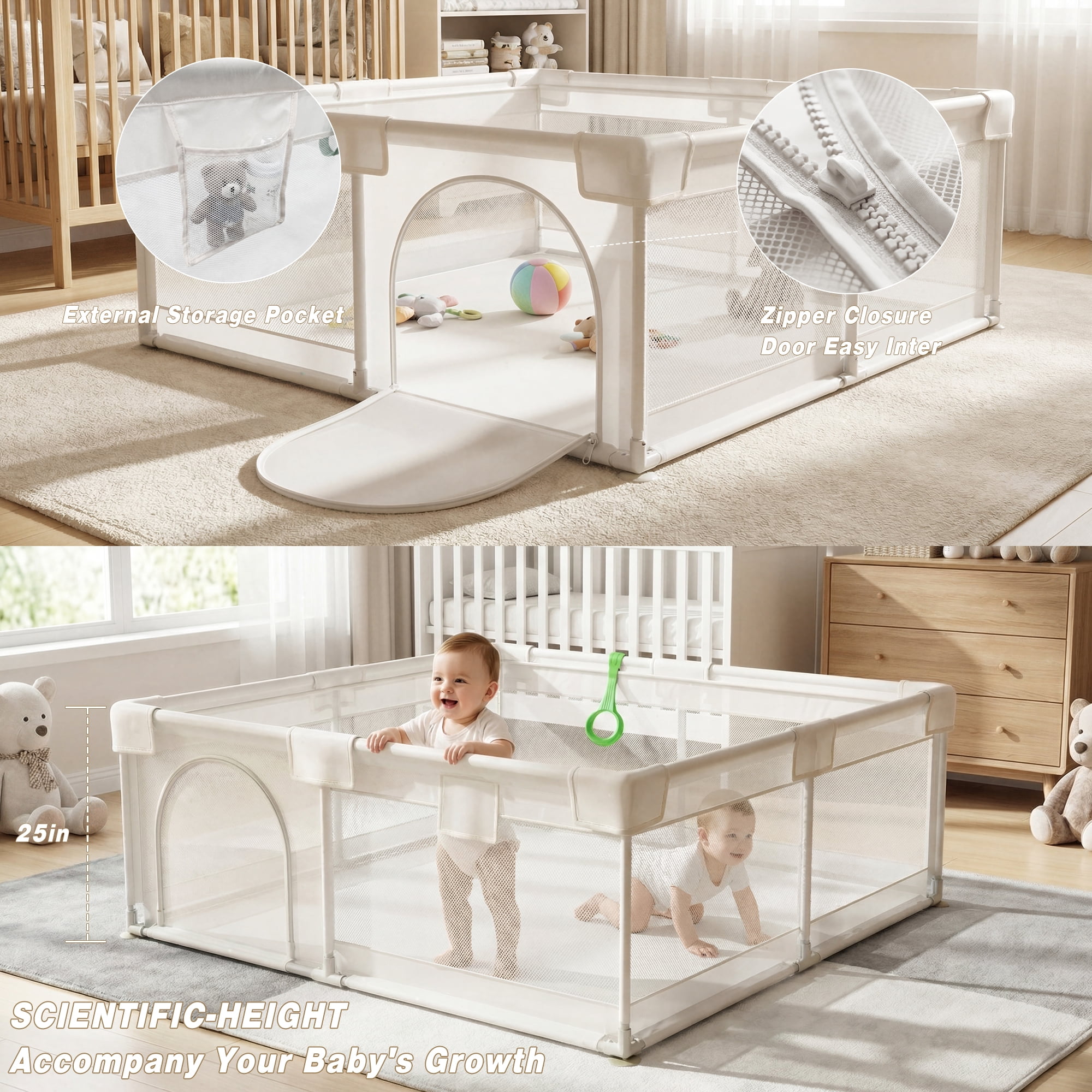 NimbleRest 60"x60" Large Baby Playpen Toddler Play Yards Safety Fence, Light Gray