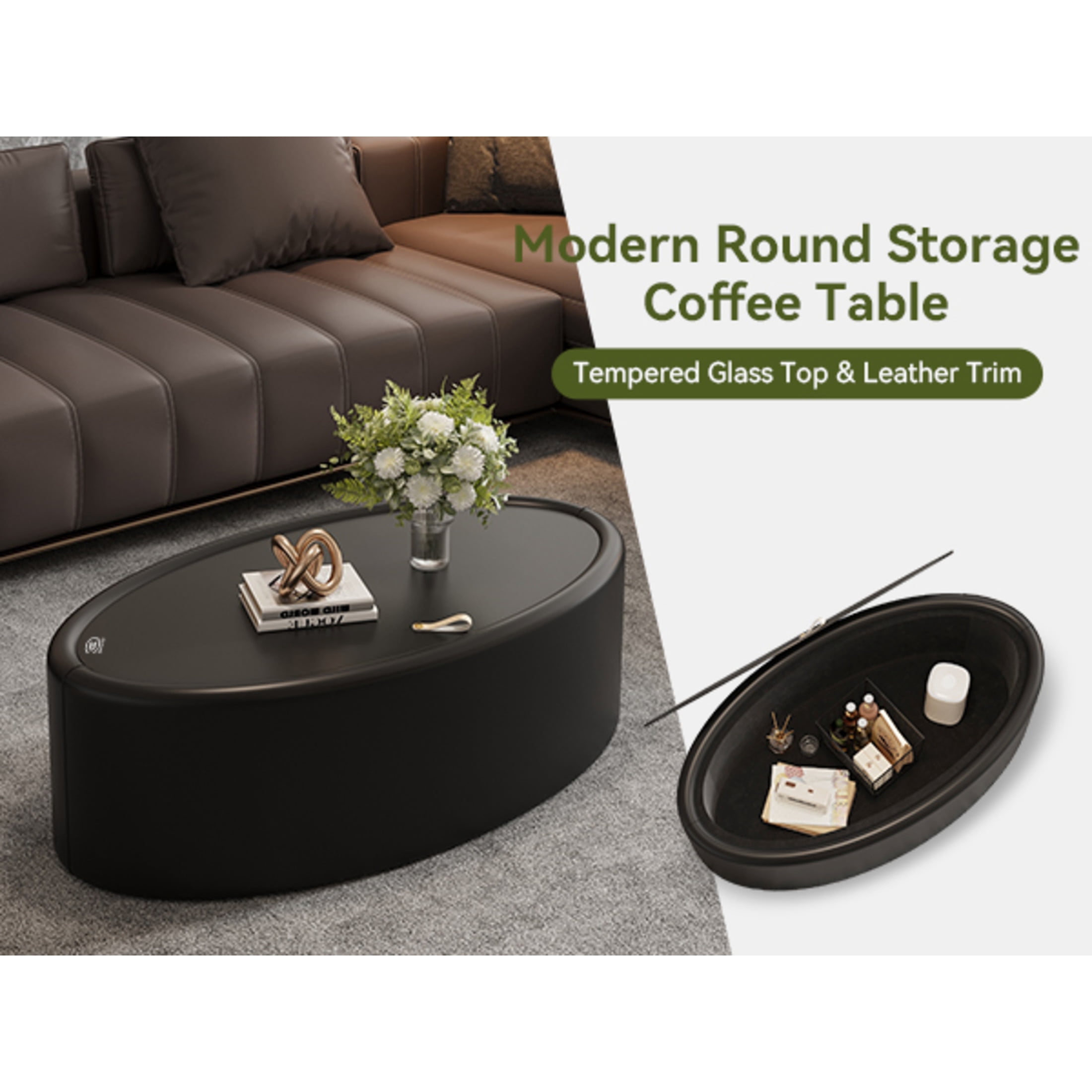 Noble House Morade 33.5" Fluted Oval Storage Coffee Table with Glass Top & Leather Wrapped for Living Room, Black