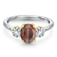 thumbnail image 3 of Gem Stone King 925 Silver and 10K Yellow Gold Red Tiger Eye and White Created Sapphire Engagement Ring for Women | 1.75 Cttw | Oval 8X6MM | Gemstone Birthstone | Size 9, 3 of 6