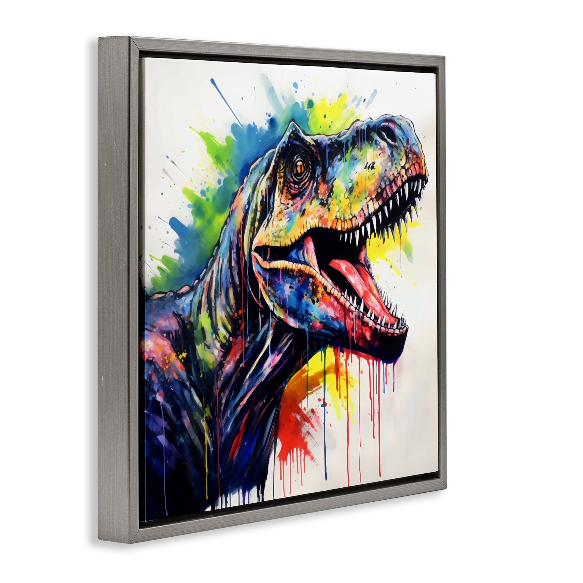 Stupell Industries Colorful T-Rex Roaring Gray Framed Floater Canvas Wall Art, design by Creative Studio