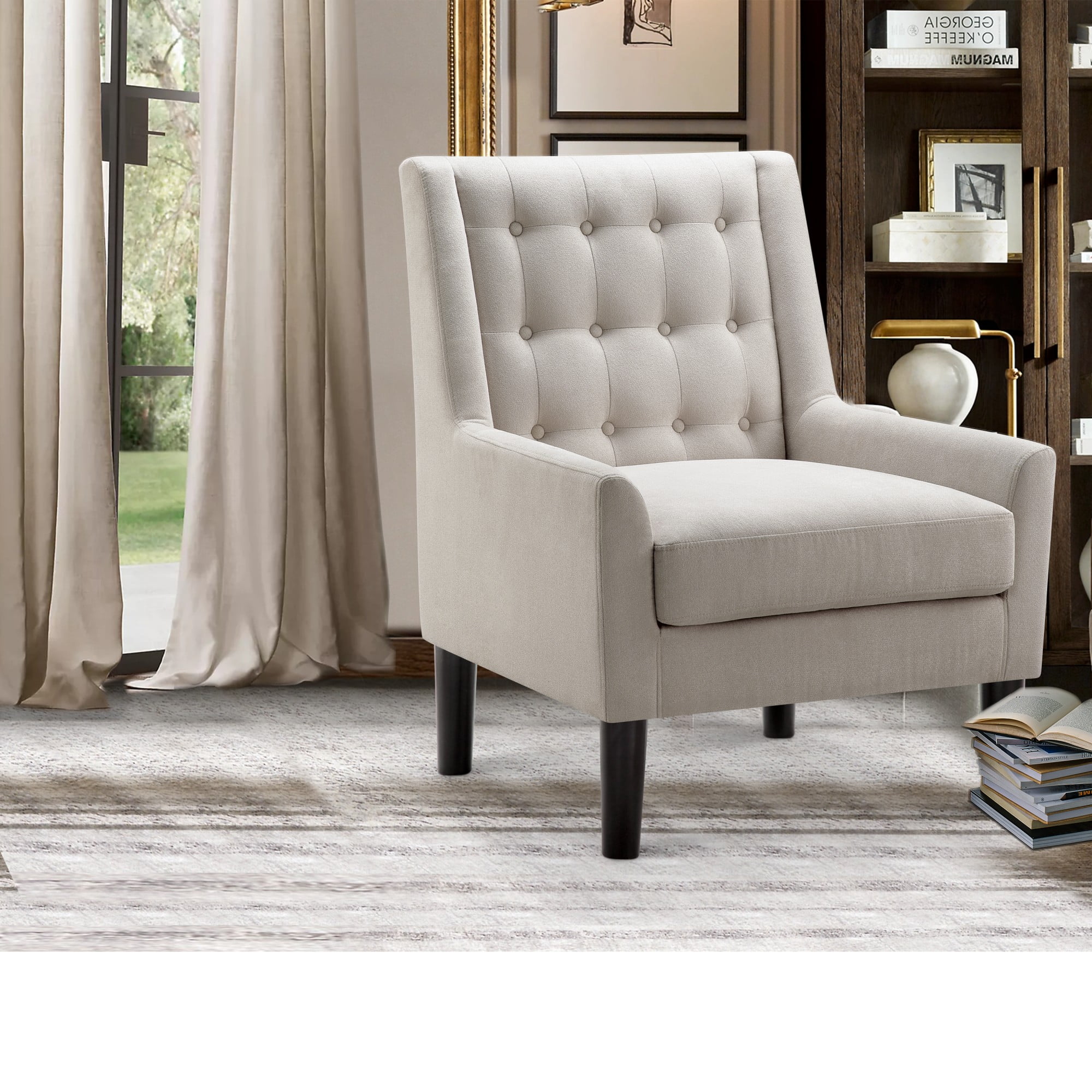 Gewnee Beige Velvet Tufted Wingback Accent Armchair Solid Rubberwood Legs for Living Room & Balcony