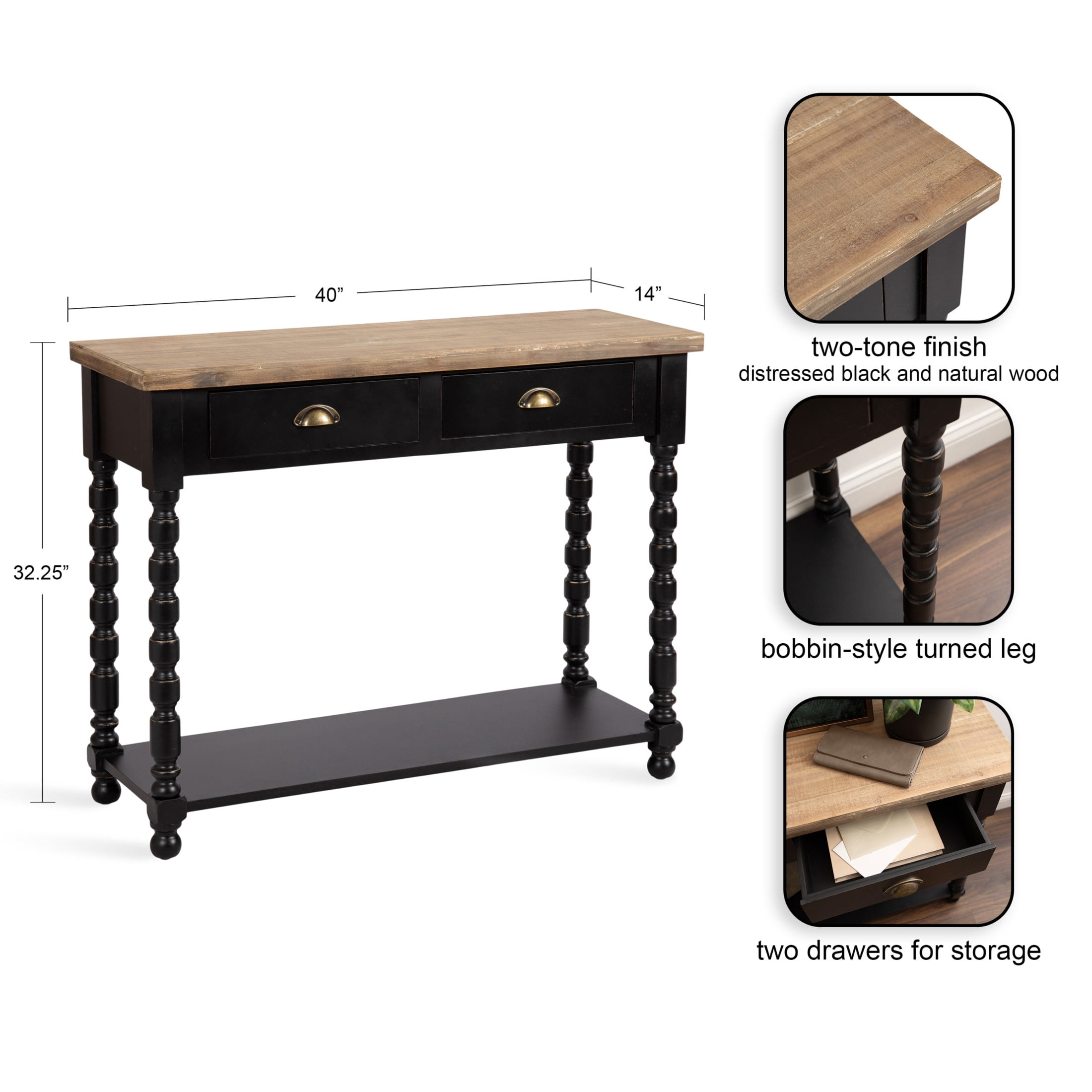 Kate and Laurel Rutledge Vintage Wooden Console Table with Shelf, 40 x 14 x 33, Hazelnut and Black, Traditional Wood Entryway Table with Drawers and Decorative Turned Legs for Entry Storage Options