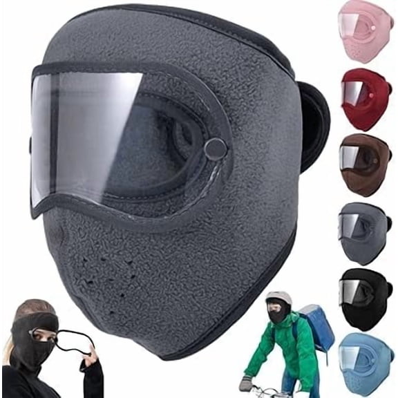 Fleece Thermal Mask with Removable Goggles, Windproof Face Mask Balaclava, Full Cover Outdoor Hat with Glasses（Grey）