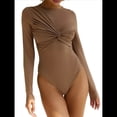 thumbnail image 3 of Body para Mujer, Escote en V Profundo, Nudo Torcido, Ajustado, Larga, Camisetas Básicas Informales Caqui L, 3 of 8
