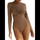 thumbnail image 3 of Body para Mujer, Escote en V Profundo, Nudo Torcido, Ajustado, Larga, Camisetas Básicas Informales Caqui S, 3 of 8