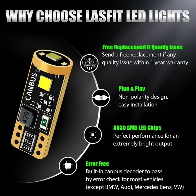 Lasfit 194 168 T10 LED Light Bulbs, 2825 W5W License Plate Dome