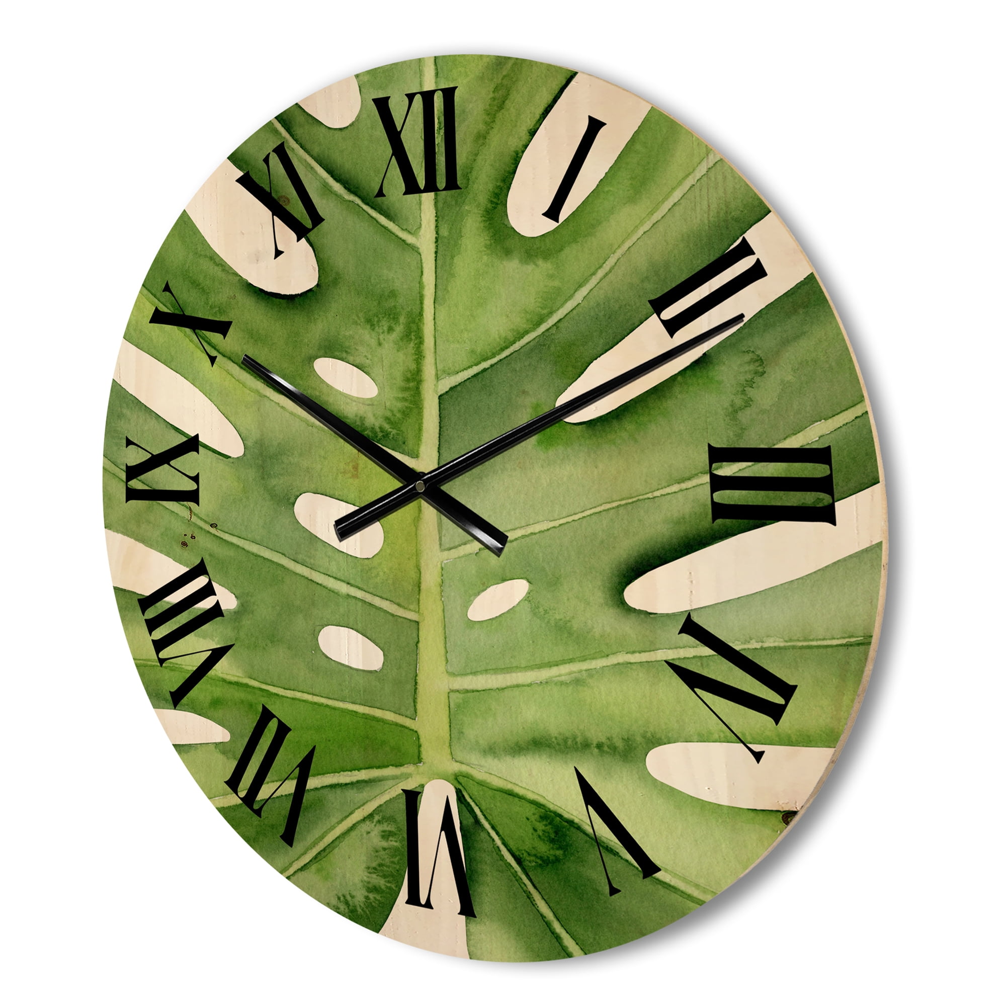 Designart 'Close Up Green Monstera Leaf Tropical Palm' Tropical Wood Wall Clock